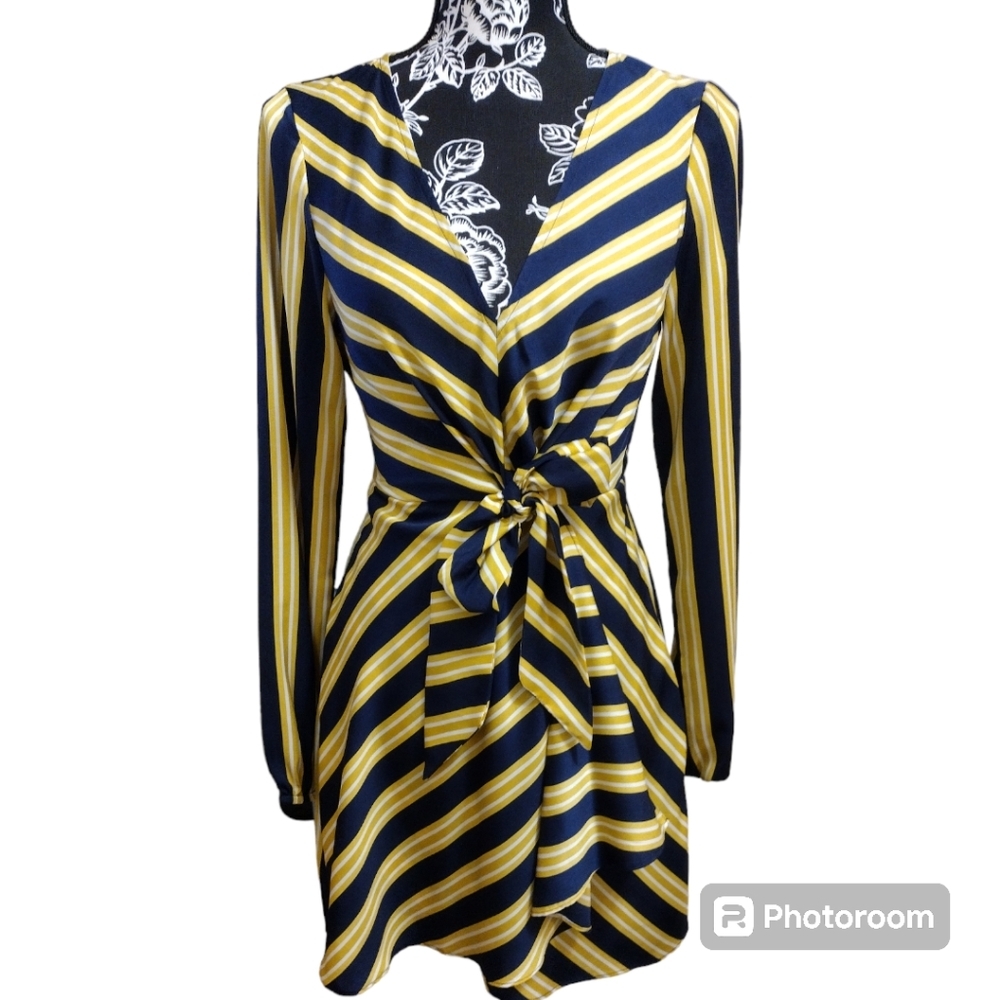 Express Navy & Yellow Striped Mock Wrap Mini Dress Long Sleeve V-Neck Size